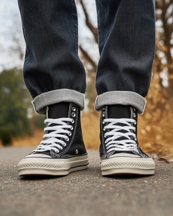 A young man wearing a pair of canvas shoes